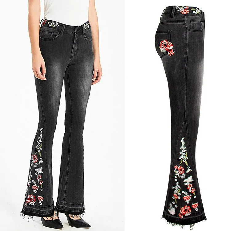 Vintage Embroidery Jeans Woman Elastic Black Jeans Spring Autumn Flare Denim Pants - Image 5