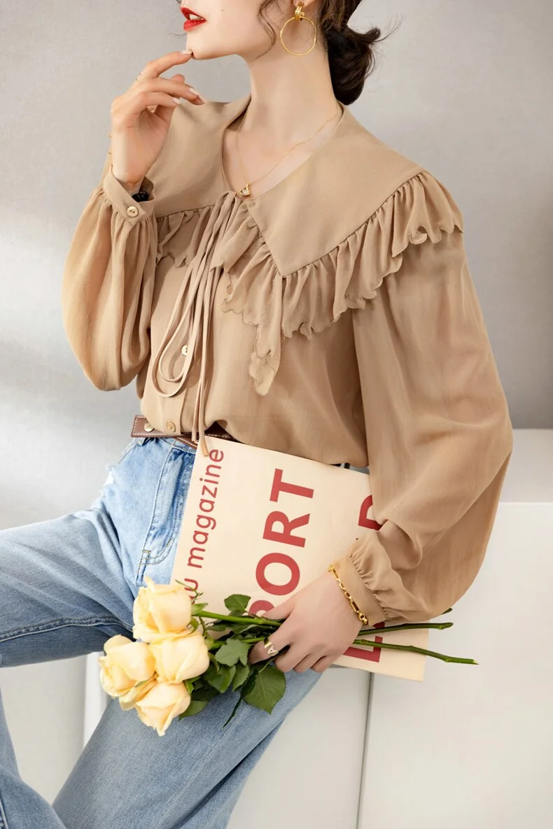 100% Silk Women's Shirt Turn Down Collar Long Sleeves Lace Up Ruffles Elegant Fashion Blouse Tops - Image 8