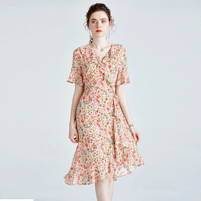 100% Silk Women's Runway Dresses Sexy V Neck Short Flare Sleeves Ruffles Floral Printed Asymmetrical Fashion Casual Dresses - Image 2