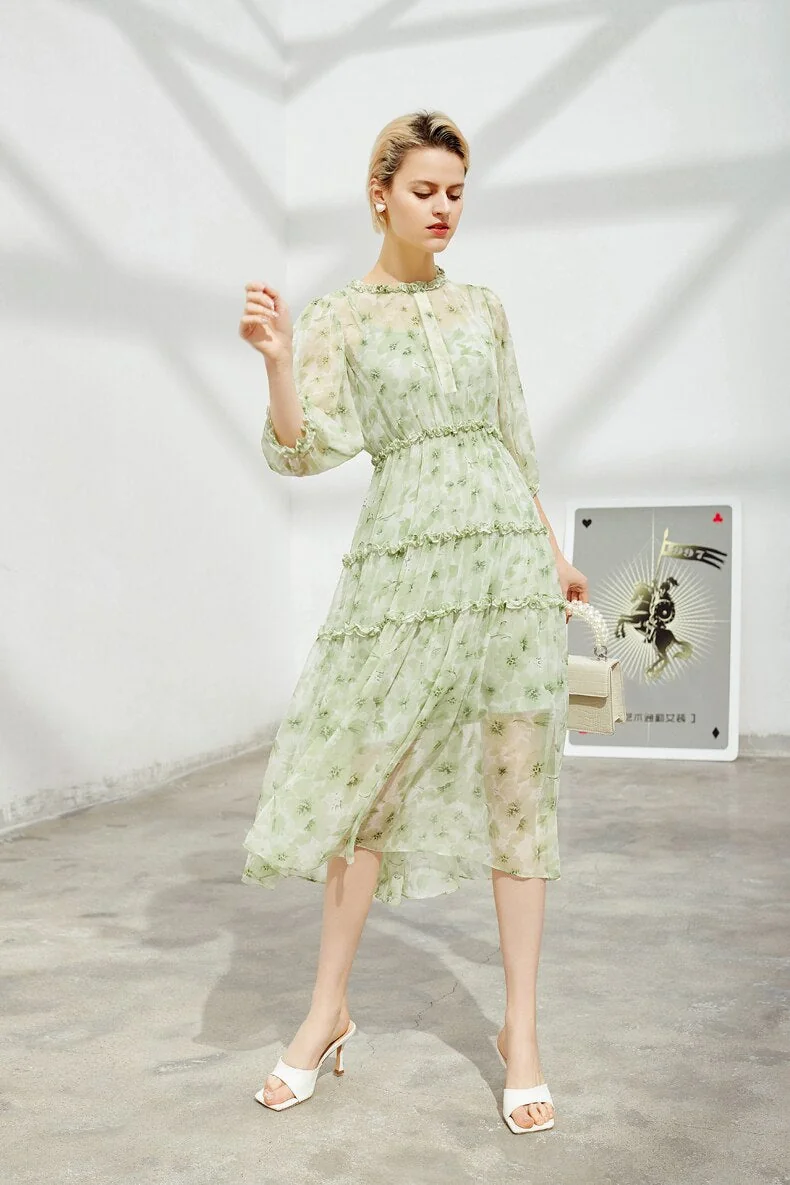 100% Heavy Silk Women's Runway Dresses O Neck 3/4 Sleeves Printed Tiered Ruffles Fashion Casual Mid Calf Dresses - Image 3