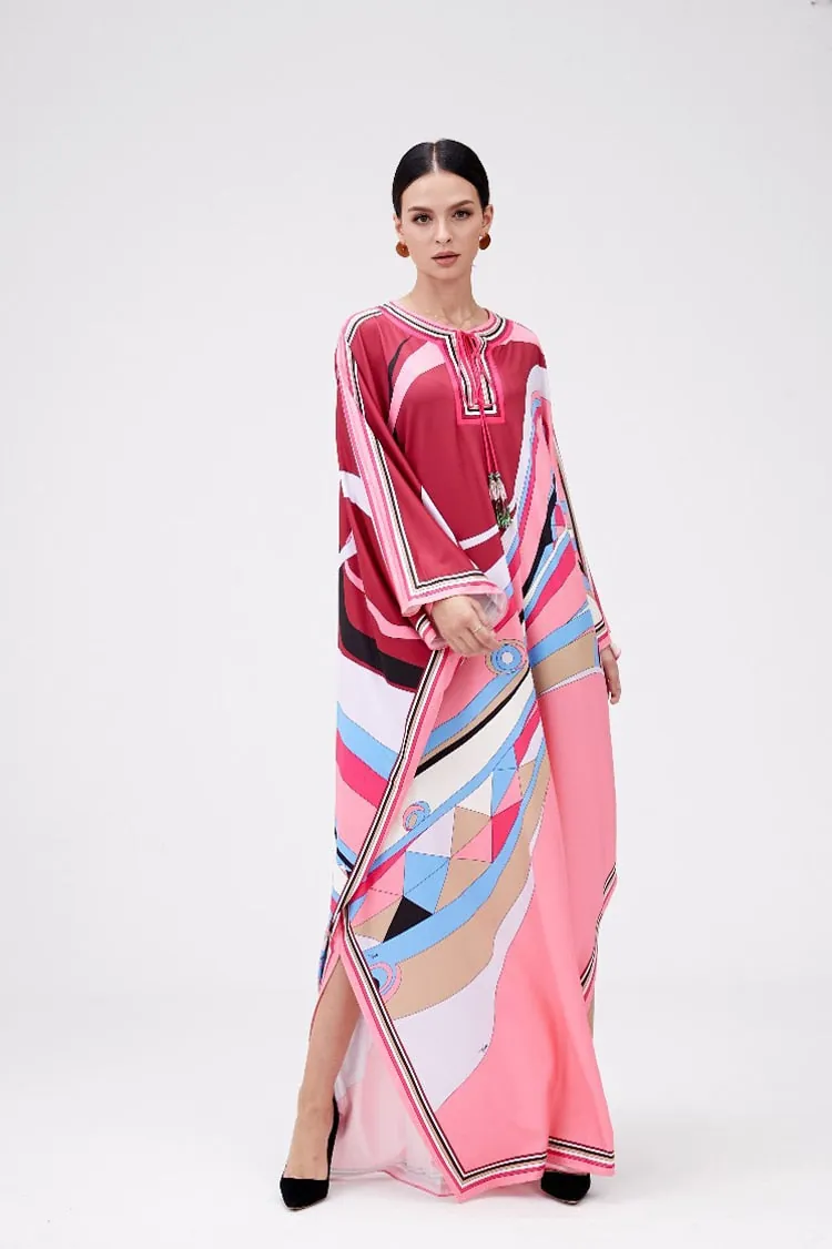 Women's Runway Dresses Lace Up O Neck Batwing Sleeves Knitted Printed Elegant Long Robes High Street Casual Vestidos - Image 3