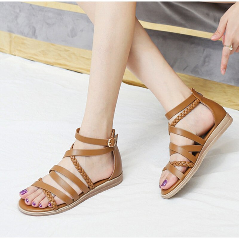 Sandals Women Women's Woven Flat Sandals Female PU Outdoor Cross Strap Vintage Roman Summer Beach Shoes Ladies Plus Size - Image 4