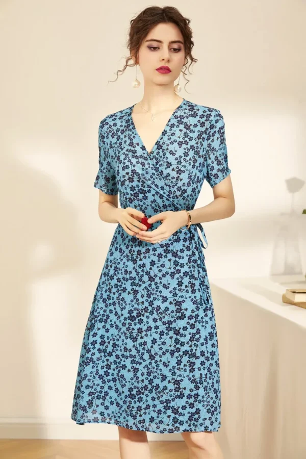 100% Natural Silk Women's Runway Dresses V Neck Short Sleeves Printed Sash Belt Fashion Casual Summer Dresses