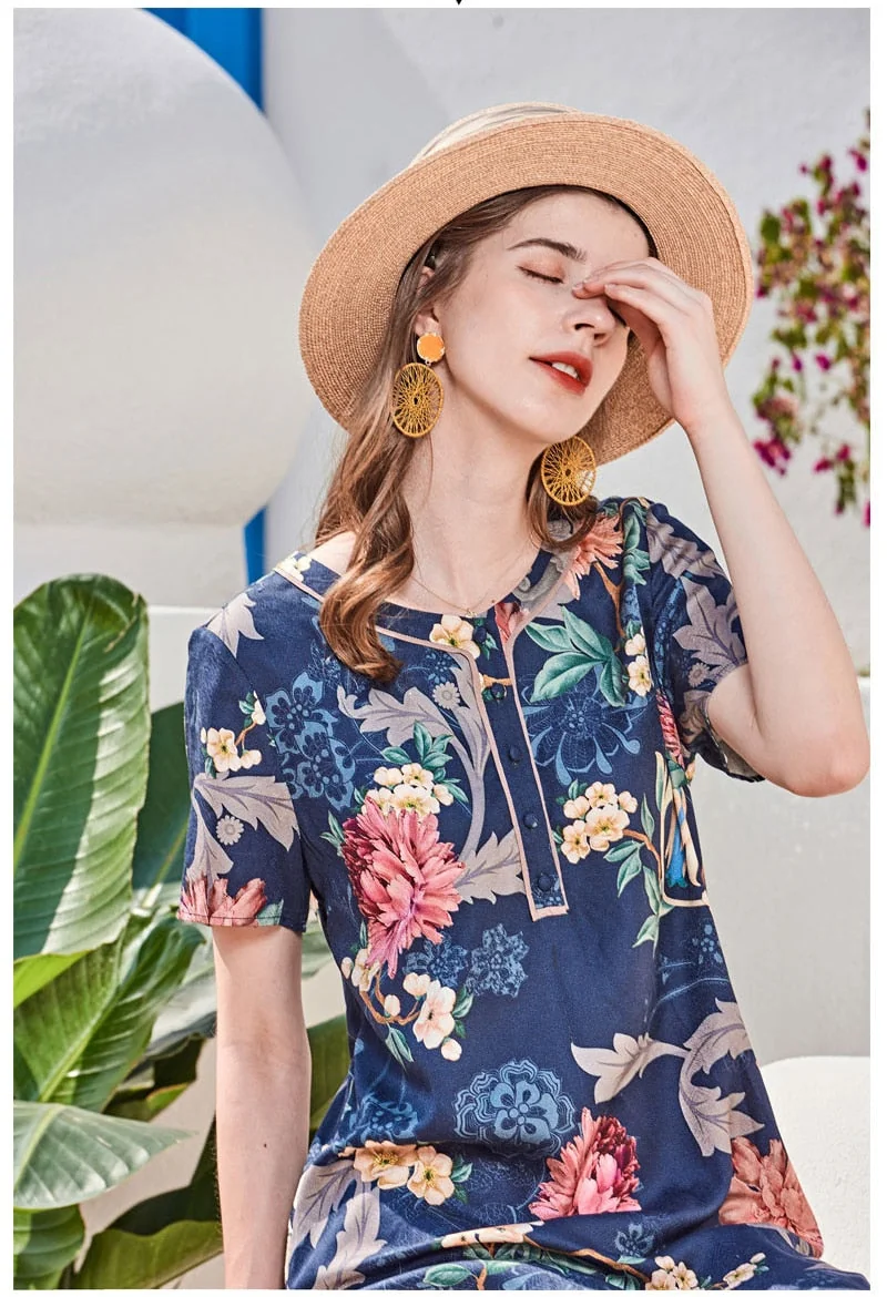 100% Silk Women's Runway Dresses O Neck Short Sleeves Floral Printed Fashion Short Summer Dresses - Image 3