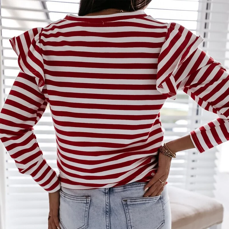 Women Ruffles Striped Tops Long Sleeve O Neck Leisure T -Shirts Office Work Fashion Autumn Tees Loose - Image 4