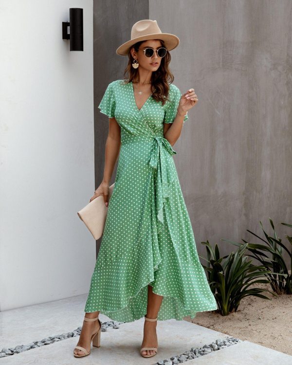 Summer Maxi Dress Women Polka Dot Sexy V Neck Ruffles Short Sleeve Holiday Long Beach Sundress Ladies Lace Up Wrap Party Dresses - Takalr