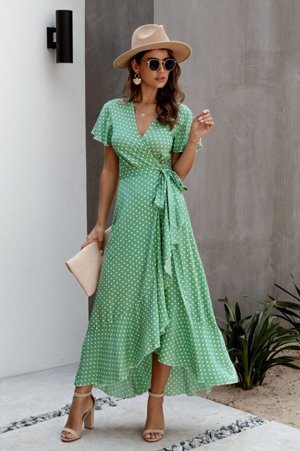 Summer Maxi Dress Women Polka Dot Sexy V Neck Ruffles Short Sleeve Holiday Long Beach Sundress Ladies Lace Up Wrap Party Dresses - Takalr