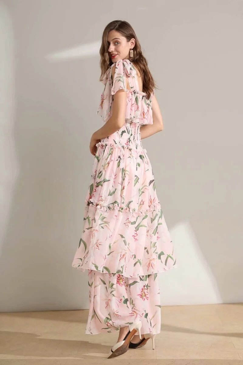 Women's Runway Dresses Spaghetti Straps Floral Printed Elastic Waist Tiered Ruffles Fashion Long Designer Dresses - Image 8