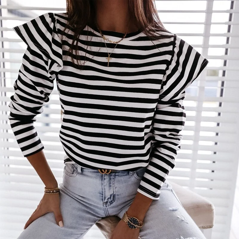Women Ruffles Striped Tops Long Sleeve O Neck Leisure T -Shirts Office Work Fashion Autumn Tees Loose - Image 6