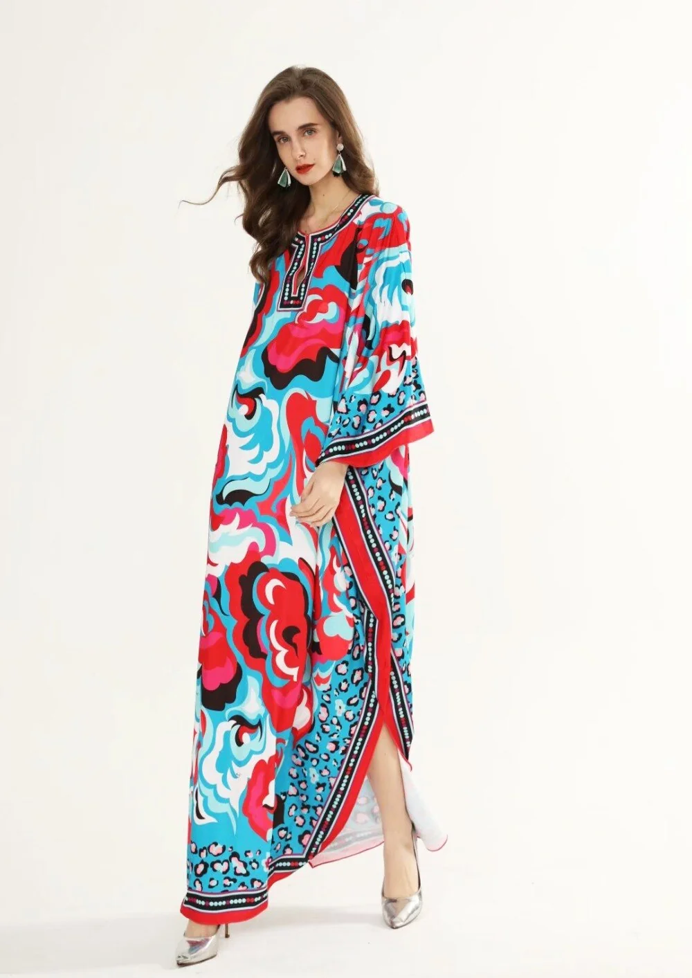 Women's Runway Dresses O Neck Batwing Sleeves Loose Plus Sizes Printed Knitted Elastic Maxi Long Dresses - Image 6