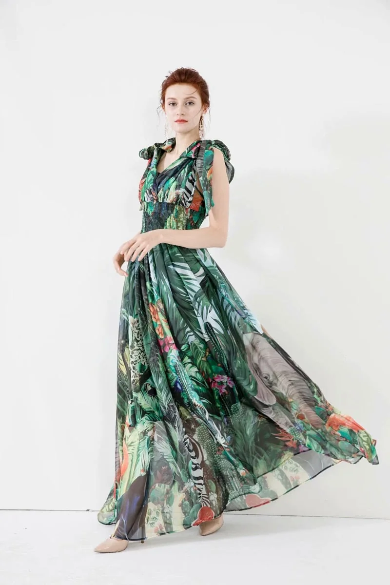 Women's Runway Dresses Sexy V Neck Sleeveless Lace Up Bow Printed Elastic Waist Elegant Long Floral Dresses