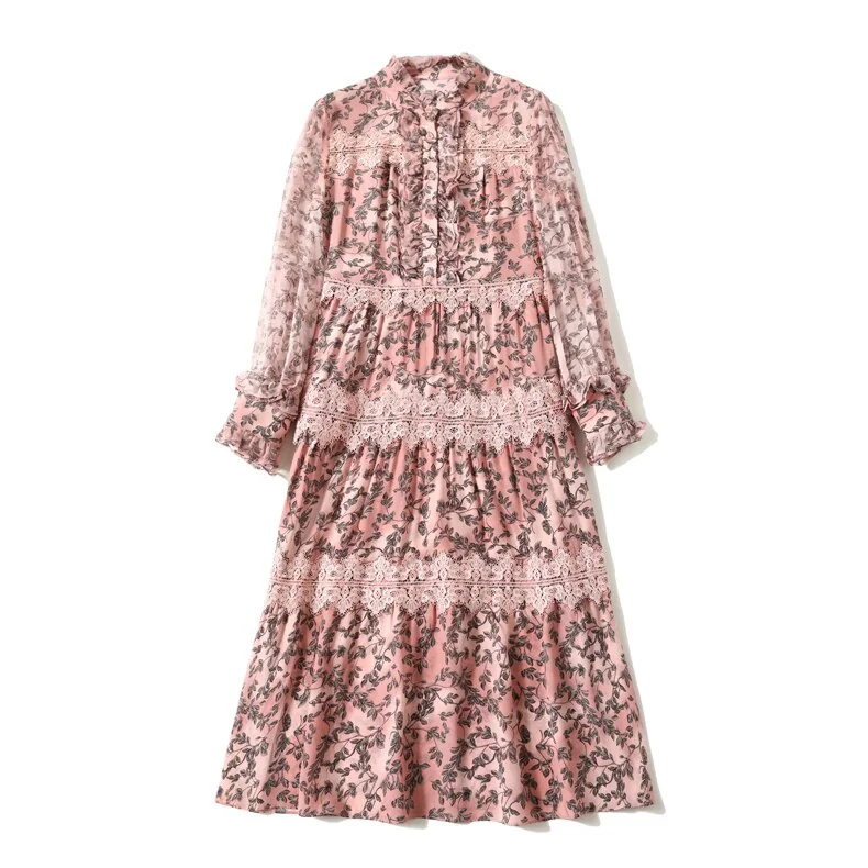 100% Natural Silk Women's Dresses O Neck Long Sleeves Ruffles Tired Lace Patchwork Printed Fashin Dress Vestidos - Image 8