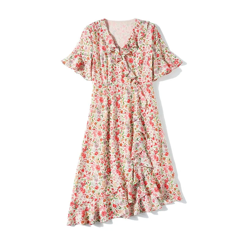 100% Silk Women's Runway Dresses Sexy V Neck Short Flare Sleeves Ruffles Floral Printed Asymmetrical Fashion Casual Dresses - Image 8