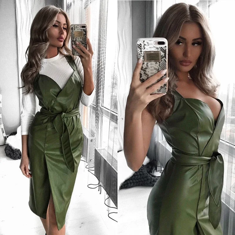 Women Sexy Sashes Pu Leather Sheath Party Dress Sleeveless Sling tight Cortex Winter Dress Fashion Midi Dress Vestidos - Image 2