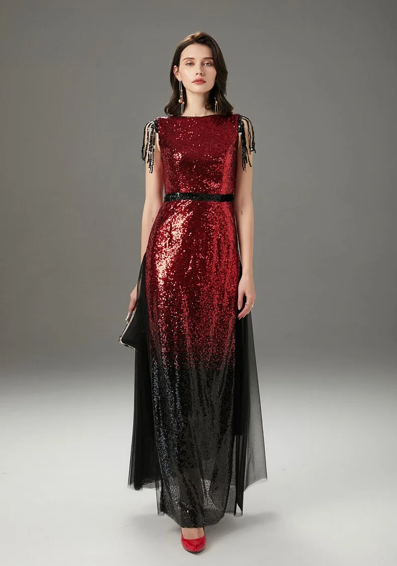 Women's Runway Dresses O Neck Sleeveless Sequined Tassels Color Block Layered Elegant Party Prom Dresses