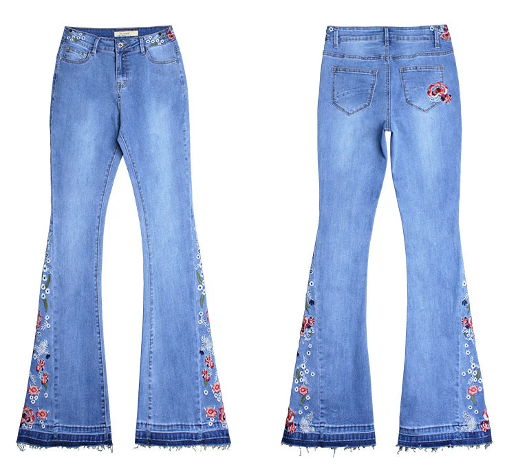 Denim Embroidered Flared Pants Women Mid Waist Jeans Wowens Embroidery Trousers - Image 7