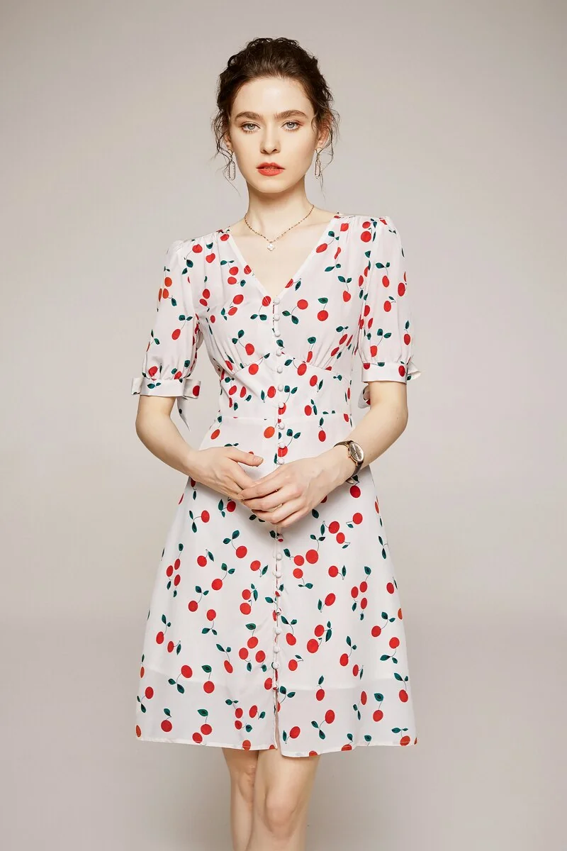 100% Silk Women's Runway Summer Dresses Sexy V Neck Short Sleeves Lace Up Printed Fashion Casual Short Dresses - Image 6