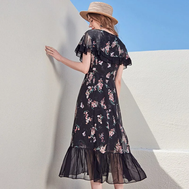 100% Silk Women's Runway Dresses Sexy V Neck Ruffles Short Sleeves Floral Printed Fashion Casual Mid Calf Dresses - Image 5