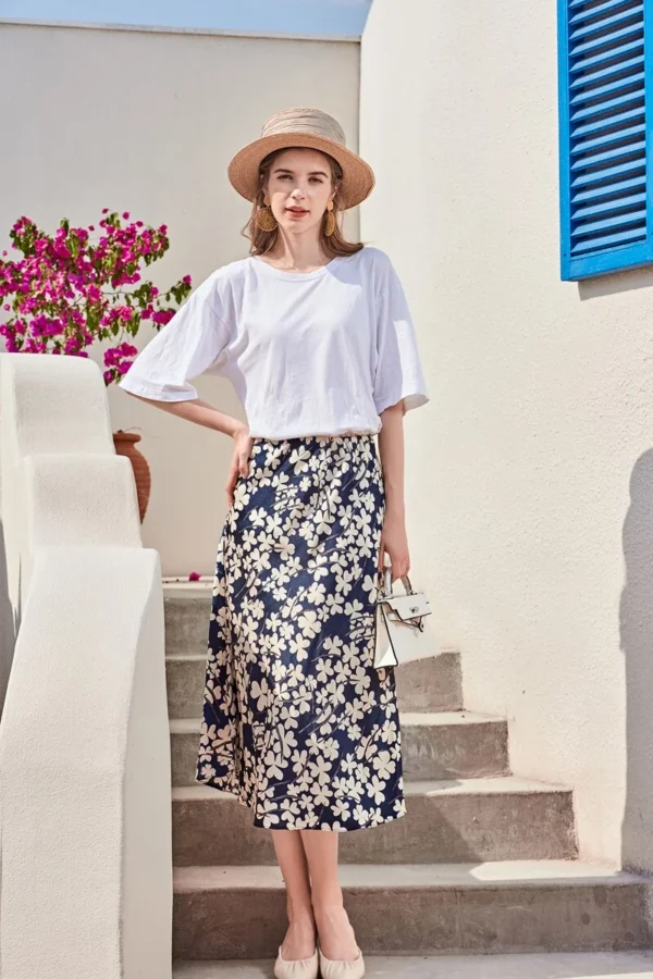 100% High Qulity Heavy Silk Women's Runway Dress Floral Printed Fashion Casual Mid Calf Skirt Outerwear