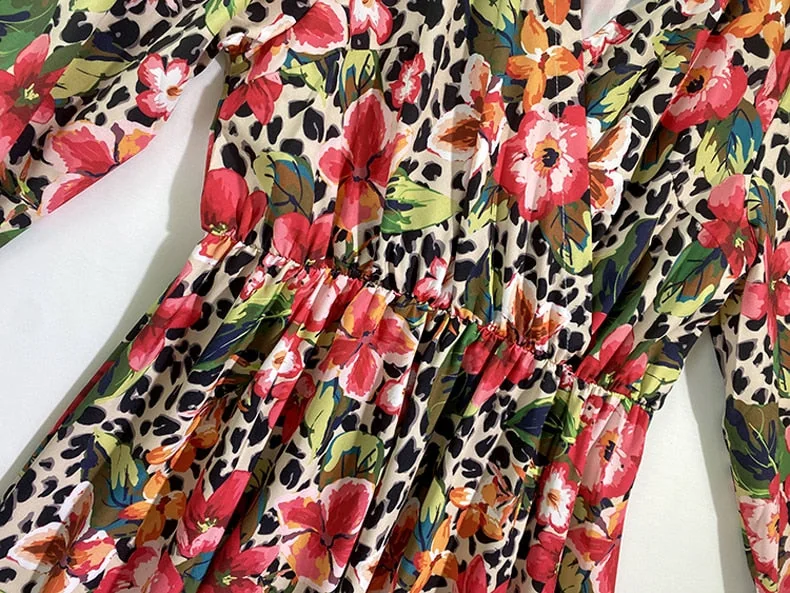 Women's Runway Dress Sexy V Neck Long Sleeves Floral Printed Sash Belt Ruched Fashion Maxi Dresses Vestidos - Image 5