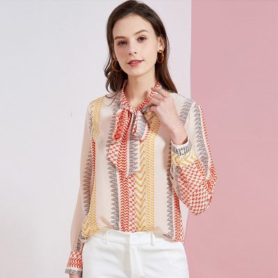 100% Pure Silk Women's Runway Shirts Bow Collar Long Sleeves Printed Fashion Elegant Blouse Tops