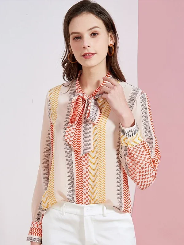 100% Pure Silk Women's Runway Shirts Bow Collar Long Sleeves Printed Fashion Elegant Blouse Tops
