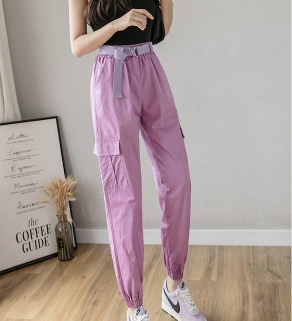 High Waist  Women's Looses Cargo Pants With belt nine-point harem pants Colorfur  high waist pants sashes pockets office pants - Takalr