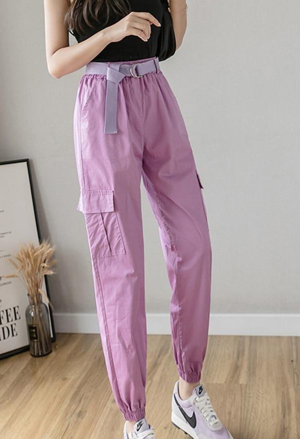 High Waist  Women's Looses Cargo Pants With belt nine-point harem pants Colorfur  high waist pants sashes pockets office pants - Takalr