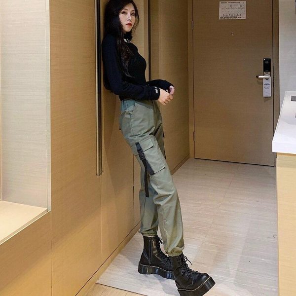 Spring Autumn Ribbon Cargo Pants For Women High Waist Hip Hop Trousers Loose BF Harajuku Handsome Hip Hop Pants Woman Cloth - Takalr