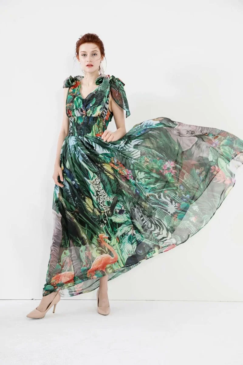 Women's Runway Dresses Sexy V Neck Sleeveless Lace Up Bow Printed Elastic Waist Elegant Long Floral Dresses - Image 7
