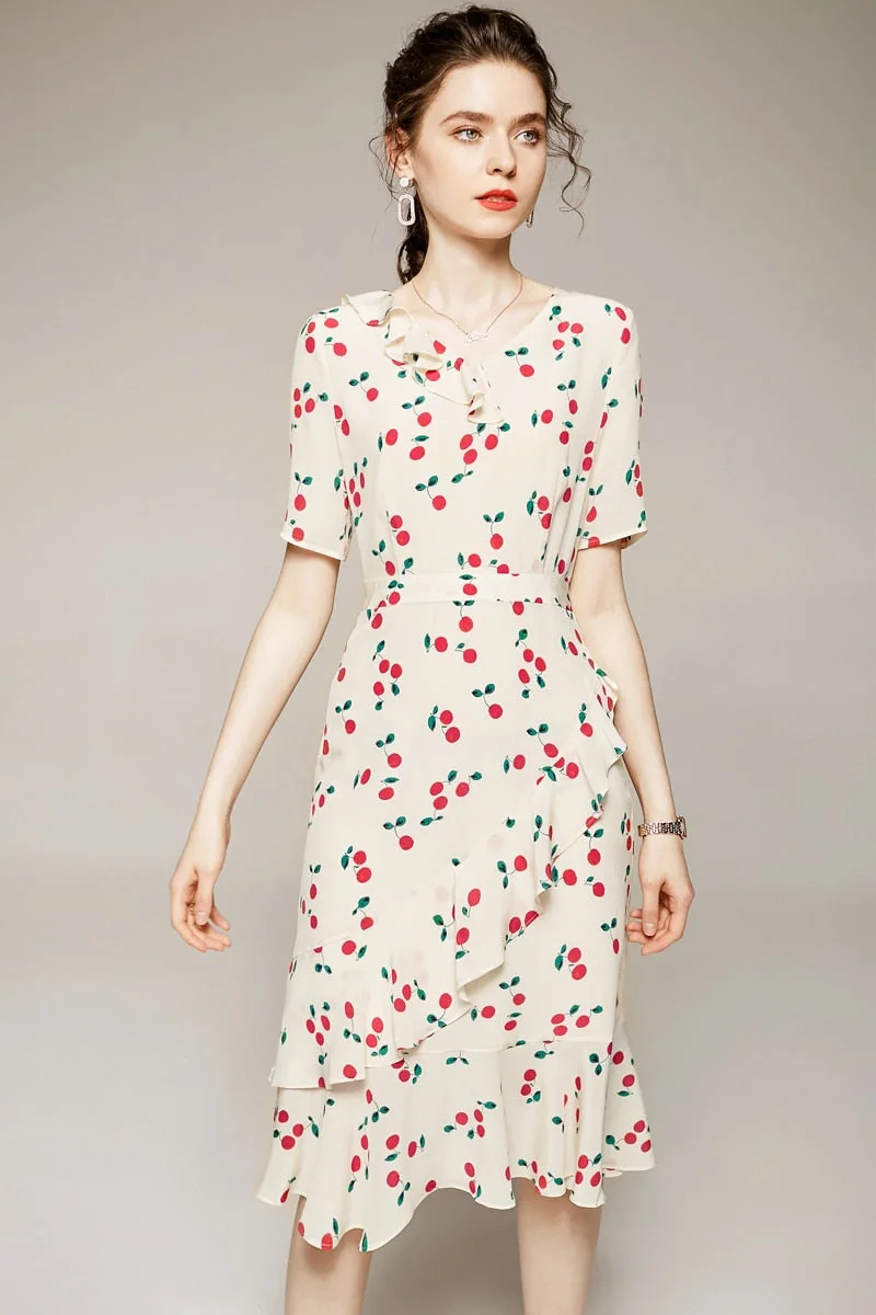 100% Silk Women's Runway Dresses V Neck Short Sleeves Ruffles High Street Printed Fashion Casual Summer Dresses - Image 3