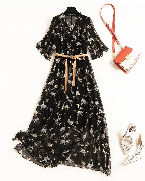 100% Natural Silk Women's Dresses Sexy V Neck Ruffles Short Sleeves Sash Belt Floral Printed Summer Holiday Dress Vestidos