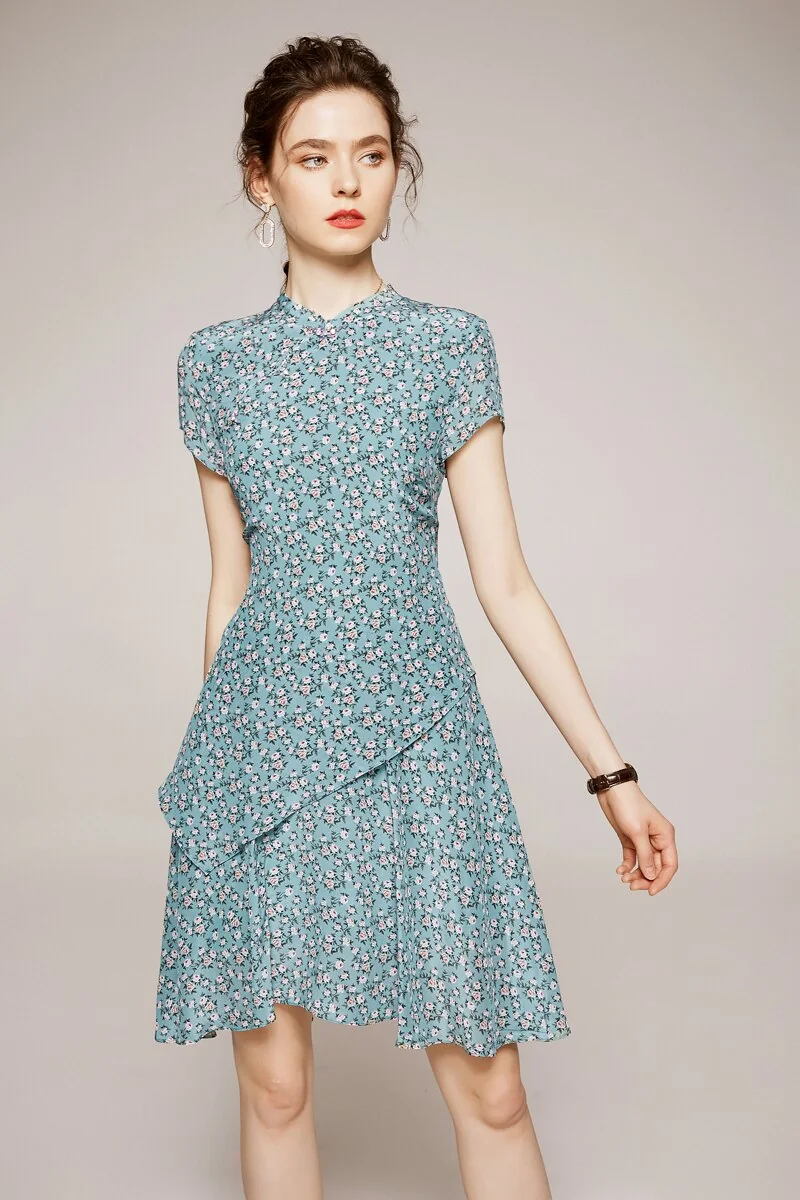 100% Silk Women's Dresses Stand Collar Short Sleeves Printed Floral Asymmetrical Elegant Fashion Dresses - Image 3