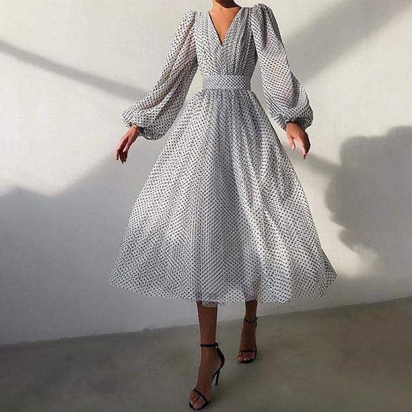 Polka Dot High Waist Midi Dresses Women V-Neck Sweet Long Puff Sleeve Elegant Dress Female 2021 Christmas Lady Party Vestidos - Takalr