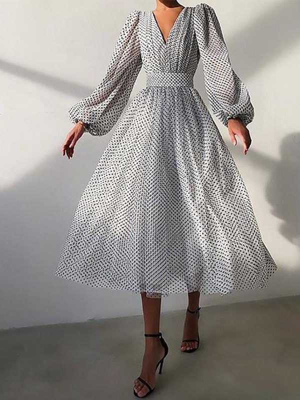 Polka Dot High Waist Midi Dresses Women V-Neck Sweet Long Puff Sleeve Elegant Dress Female 2021 Christmas Lady Party Vestidos - Takalr