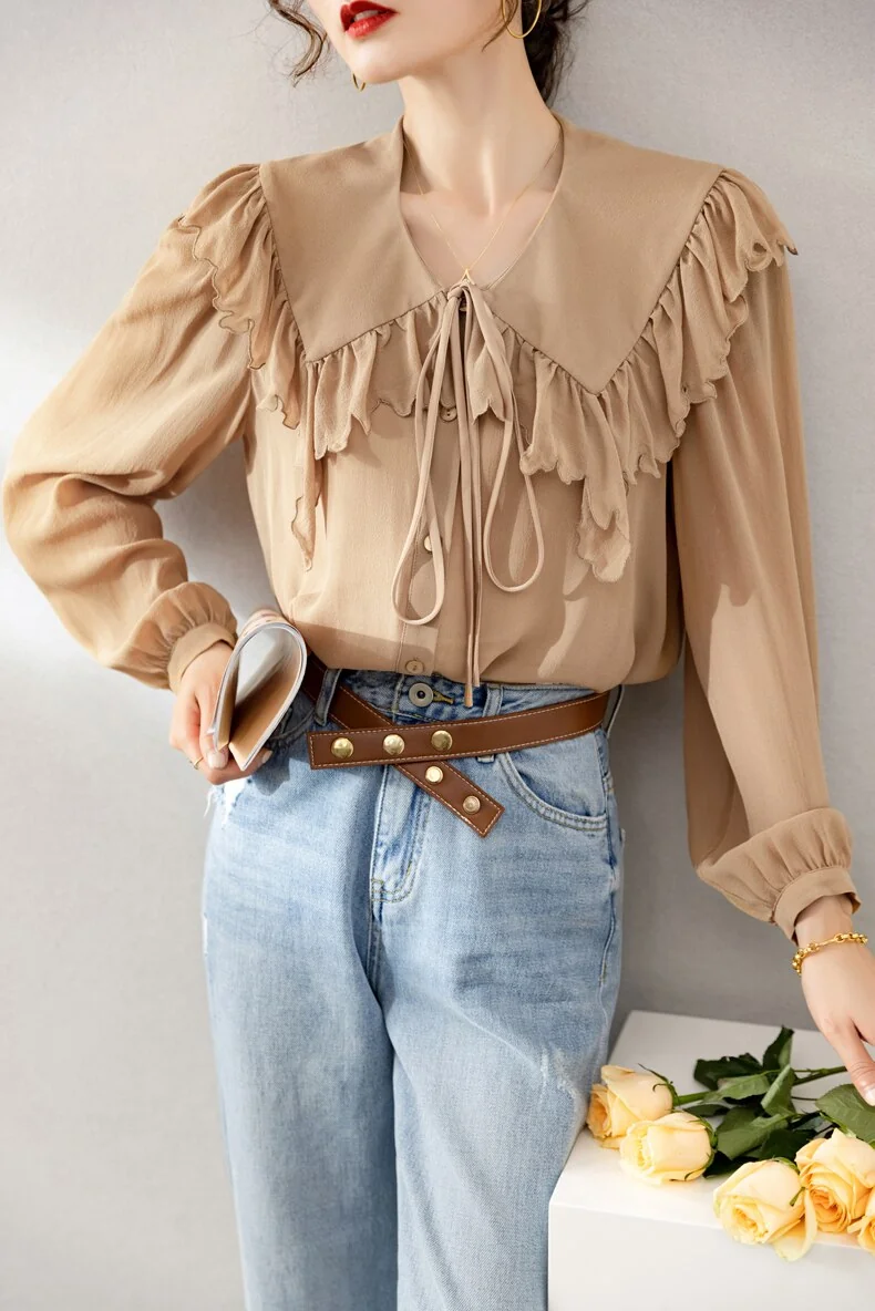 100% Silk Women's Shirt Turn Down Collar Long Sleeves Lace Up Ruffles Elegant Fashion Blouse Tops - Image 6