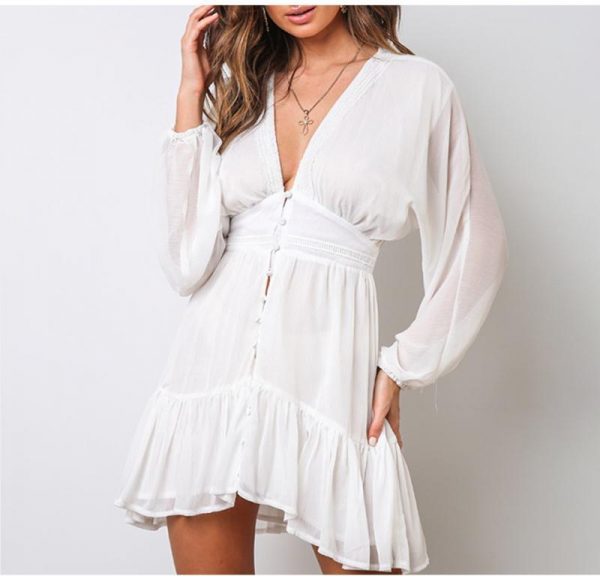 V Neck Women's Spring Summer Dress Lace Long Sleeve Mini Party Dress - Takalr