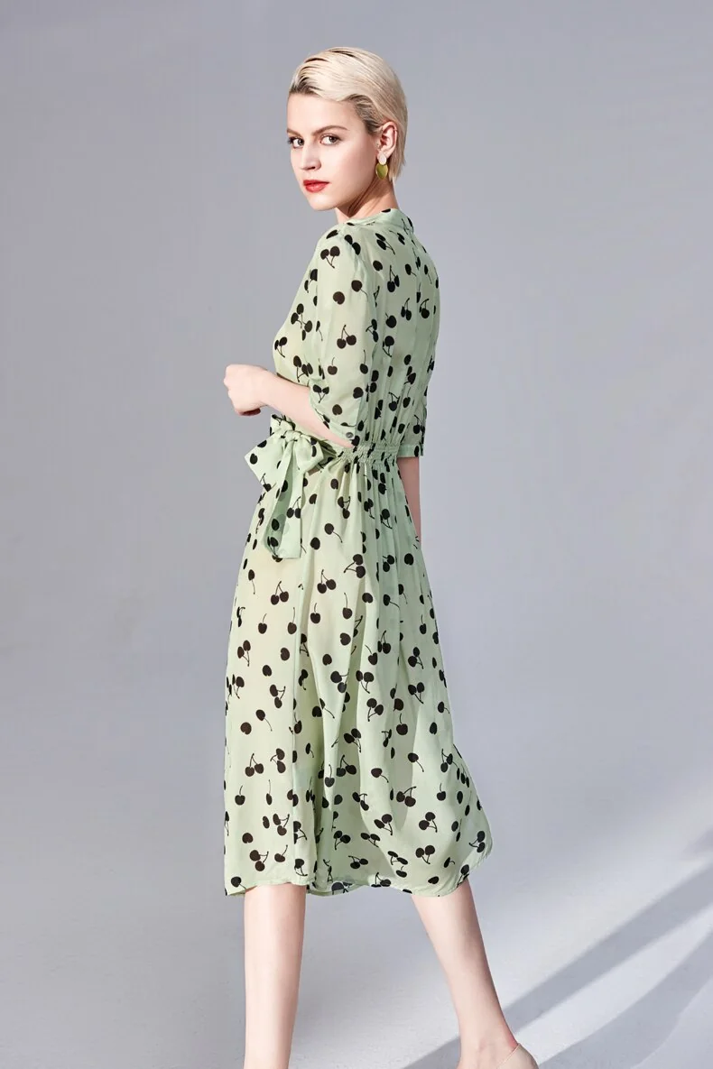 100% Silk Women's Runway Dresses Sexy V Neck Short Sleeves Printed Lace Up Belt Fashion Casual Summer Dresses - Image 2