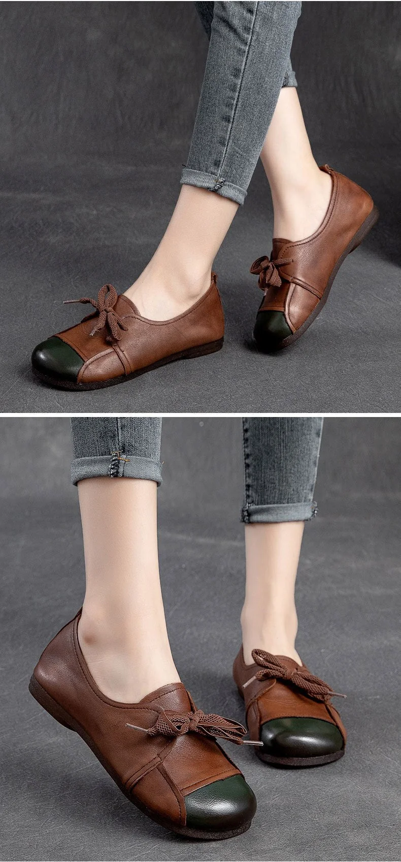 Flats Women Shoes Mixed Colors Genuine Leather Lace-Up Retro Round Toe Shallow Concise Handmade Ladies Shoes - Image 6