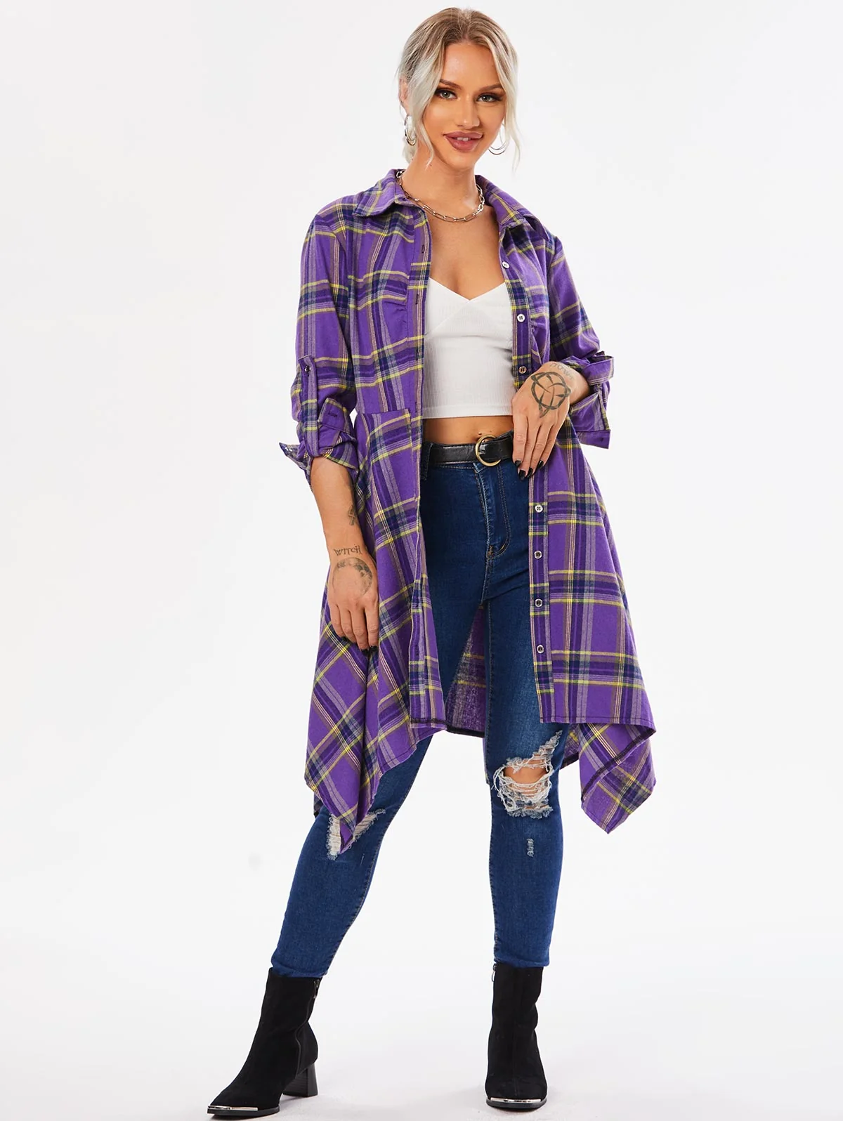 Handkerchief Dress Fashion Plaid Print Button Up Long Sleeve Shirt Dress Fall Clothes for Women Casual Short Dresses - Image 6