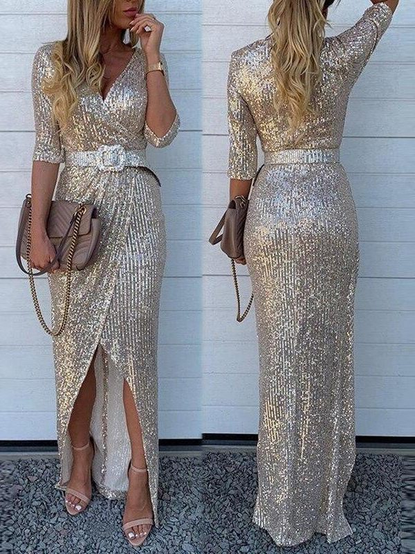 Half sleeve sequined dress women High slit belted sashes long dress v neck bodycon party dresses robe femme - Takalr