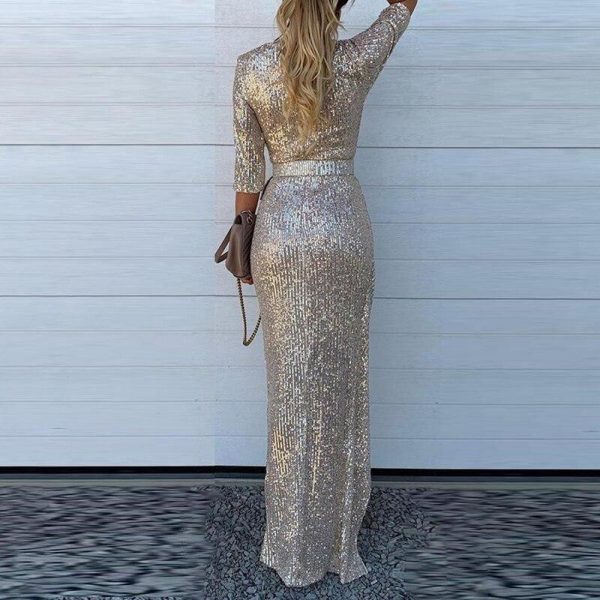 Half sleeve sequined dress women High slit belted sashes long dress v neck bodycon party dresses robe femme - Takalr