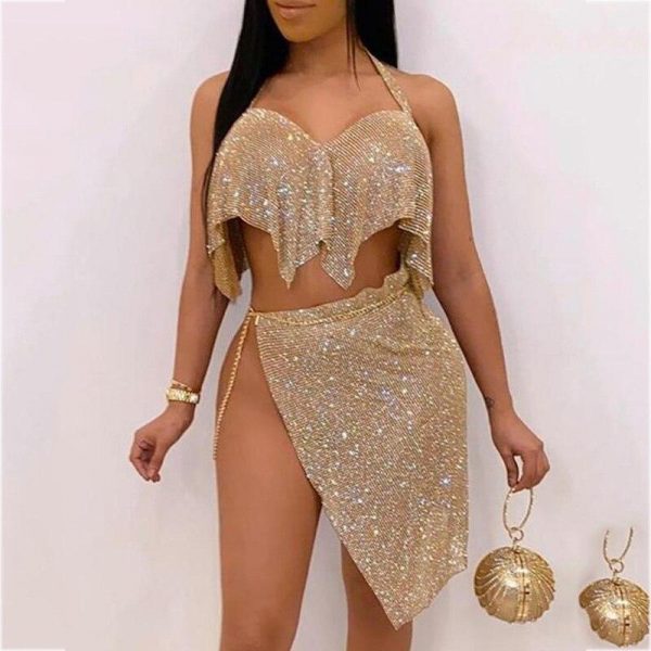 Halter Backless Sequin Top & Slit Skirt Sets Women Night Wear Club Outfits Two Piece Set - Takalr