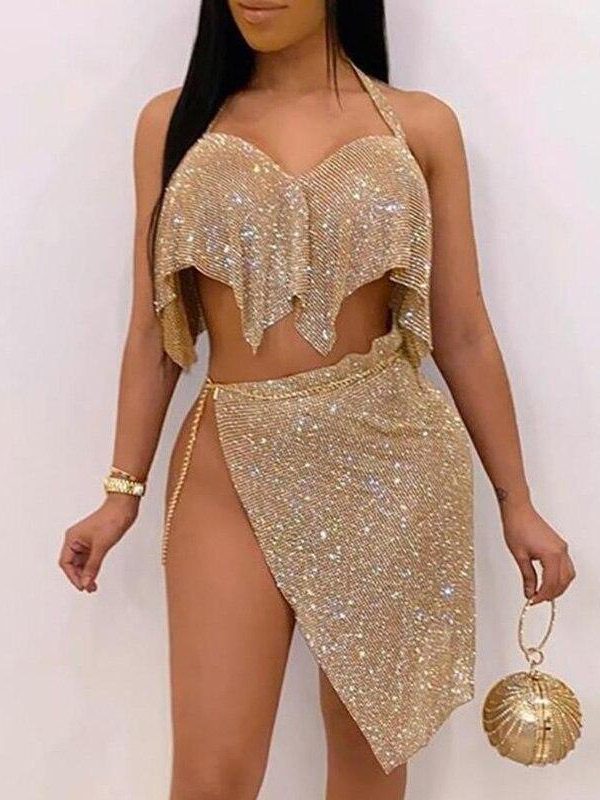 Halter Backless Sequin Top & Slit Skirt Sets Women Night Wear Club Outfits Two Piece Set - Takalr