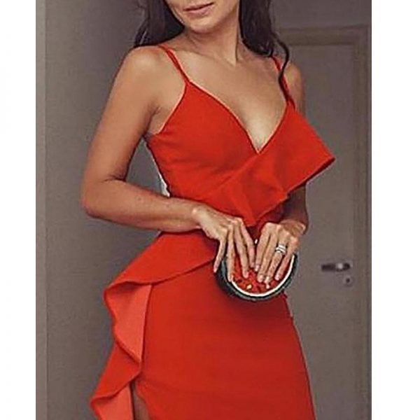 Halter Ruffles Hem High Slit Party Dress Women Spaghetti Strap V Neck Sexy Long Dress Summer Elegant Formal Maxi Vestidos - Takalr