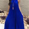 Halter White Pleated Maxi Dress Women Sundress Party Elegant Summer Loose Solid Blue Pleated Long Dresses Robe Femme - Takalr