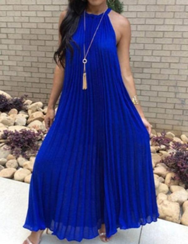 Halter White Pleated Maxi Dress Women Sundress Party Elegant Summer Loose Solid Blue Pleated Long Dresses Robe Femme - Takalr