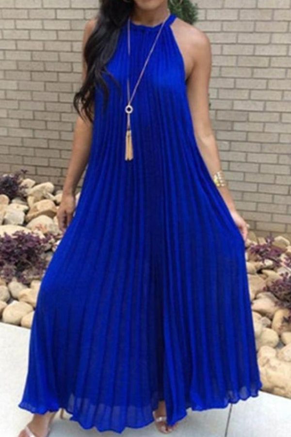 Halter White Pleated Maxi Dress Women Sundress Party Elegant Summer Loose Solid Blue Pleated Long Dresses Robe Femme - Takalr