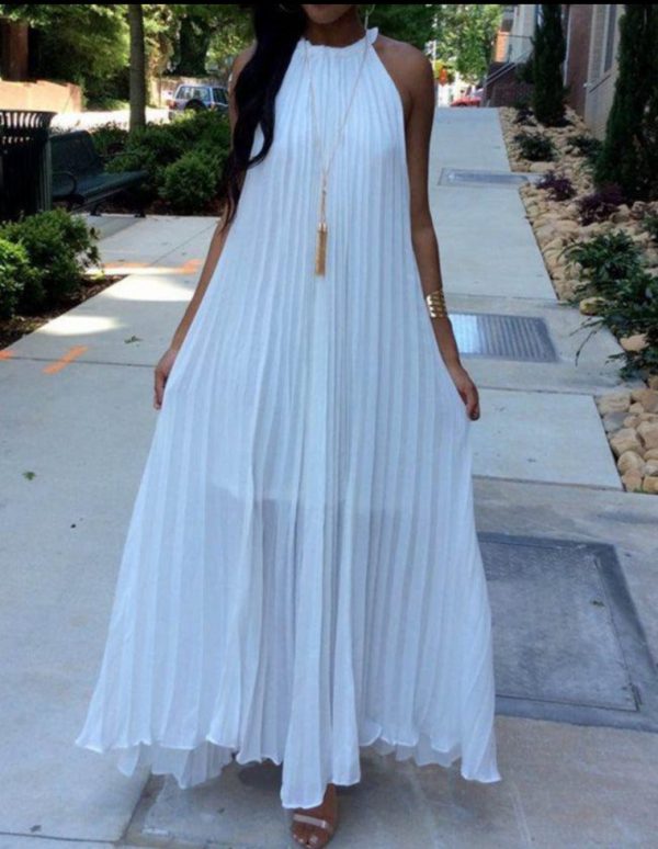 Halter White Pleated Maxi Dress Women Sundress Party Elegant Summer Loose Solid Blue Pleated Long Dresses Robe Femme - Takalr