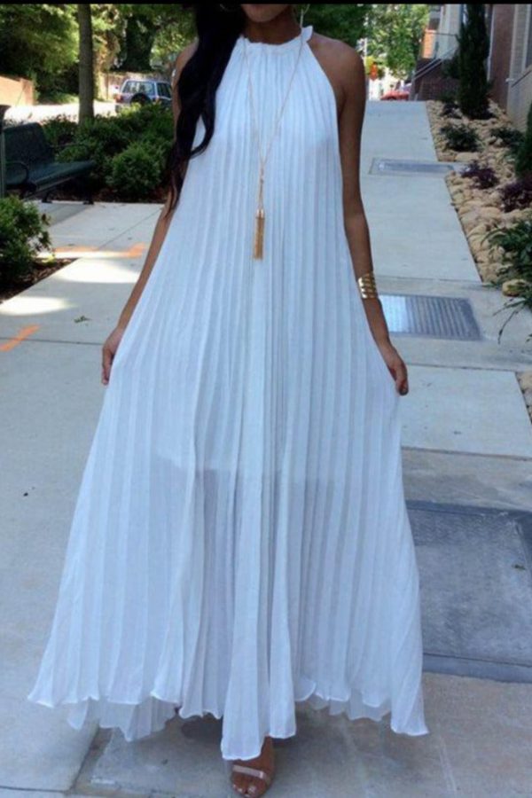 Halter White Pleated Maxi Dress Women Sundress Party Elegant Summer Loose Solid Blue Pleated Long Dresses Robe Femme - Takalr